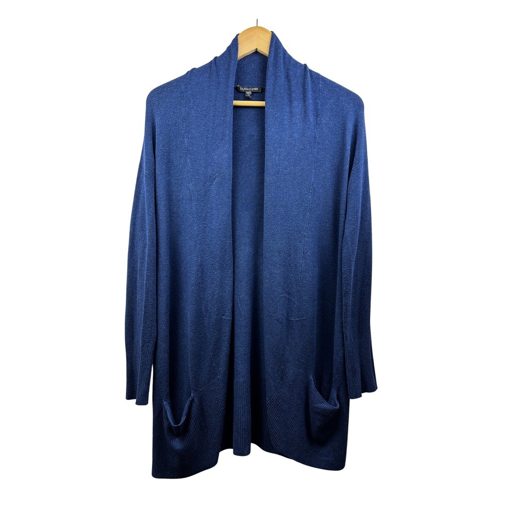 Eileen Fisher Long Open Cardigan Women S Blue Viscose Stretch Pockets Timeless